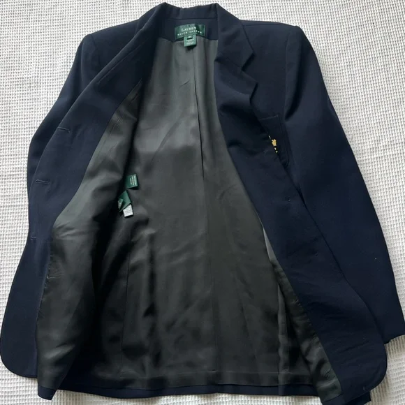 Lauren Ralph Lauren Navy Blue Preppy Academia Gold Logo Crest Wool Blazer sz 10 - Picture 11 of 12